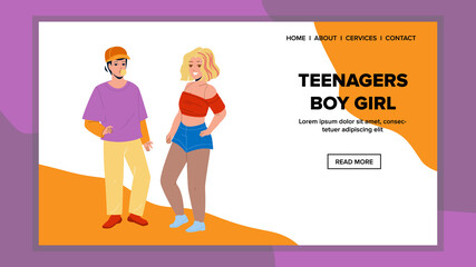 Teenagers Boy And Girl In School Together Vector. Happiness Teens Boy And Girl Conversation And Relationship, Smiling Lady And Guy Chewing Bubble Gum. Characters Friends Web Flat Cartoon Illustration