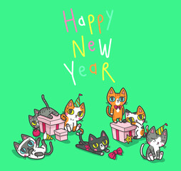 Vector illustration set of variation colours of house domestic cats in many positions of new year party celebration event.Flat cat cartoon new year party colorful vector illustration