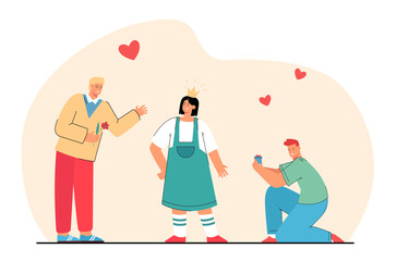 Fototapeta premium Two men courting woman vector illustration. Male characters offering flowers and jewelry to female. Woman wearing imaginary crown. Love contest concept for banner, website design or landing page