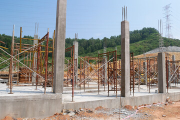 SEREMBAN, MALAYSIA -AUGUST 1, 2020: The concrete pillar structure is under construction at the...