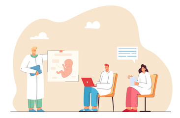 Medical students at lecture vector illustration. Male and female students listening to teacher. Doctor showing illustration of human fetus. Education concept for banner, website design or landing page