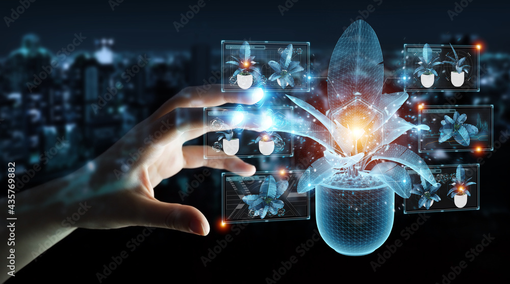 Fototapete Man hand holding and touching holographic projection of a plant with digital analysis 3D rendering