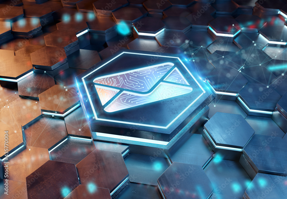 Aufkleber Email icon concept engraved on hexagonal pedestral background. Mail Logo glowing on abstract digital surface. 3d rendering