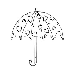 Doodle open umbrella with heart print on white background.Vector umbrella can be used in textiles, postcards,coloring pages, and packaging.