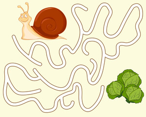 Help the funny snail find the pathway to cabbage. Logic Game for kids. Entry and exit. Labyrinth with solution. Educational maze game with cute character slug. Vector cartoon style illustration.