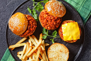 Sloppy Joe sandwiches with french Fries, top view