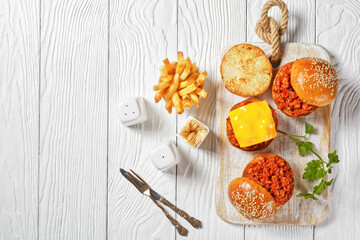 Sloppy Joe sandwiches with french Fries, top view