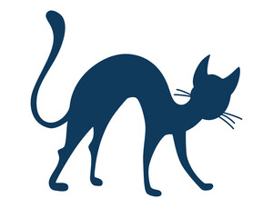 Silhouette of a black cat. characters Halloween.  Cat arching its back icon. . For print for T-shirts and bags, decor element. Black cat, scary Halloween vector illustration.
