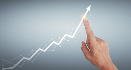 Hand touching  graphs of financial indicator and accounting market economy analysis chart