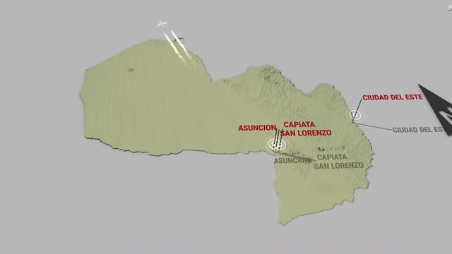 Seamless looping animation of the 3d terrain map of Paraguay with the capital and the biggest cites in 4K resolution