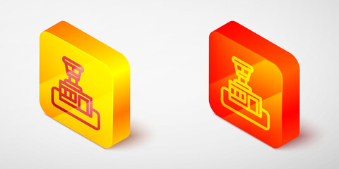 Isometric line Airport control tower icon isolated on grey background. Yellow and orange square button. Vector