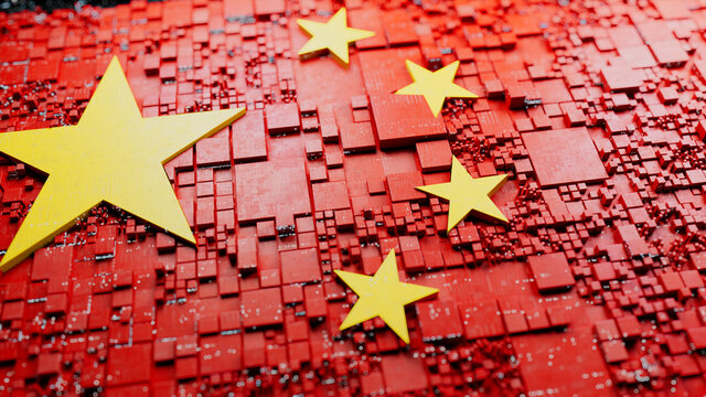 Flag of China rendered in a Futuristic 3D style. Chinese Technology Concept. Tech Wallpaper.