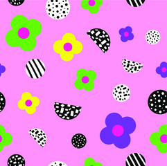 Abstract Hand Drawing Flower and Dots Doodle Seamless Vector Pattern Isolated Background