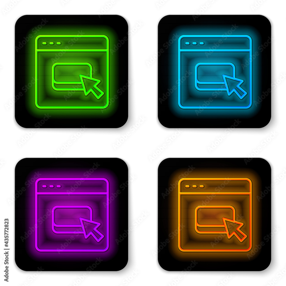 Poster glowing neon line browser files icon isolated on white background. black square button. vector