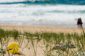 plastic bottle polluting the beach with tourists in the background