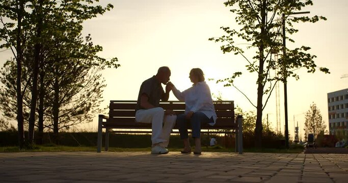 A married couple of elderly people are sitting on a bench in the park and chatting. There is a sunset in the sky, so only their silhouettes are visible. The man kisses his wife on the hand