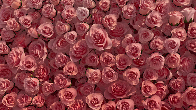Beautiful, Elegant Wall background with Roses. Red, Floral Wallpaper with Vibrant, Colorful flowers. 3D Render