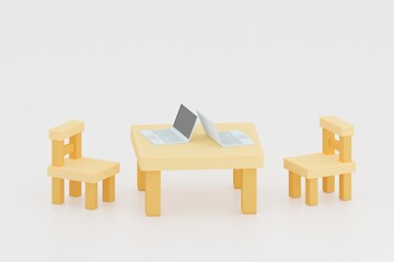 Double wooden chairs and table, Work from home Concept, With laptop computer on desk ,3d illustration.