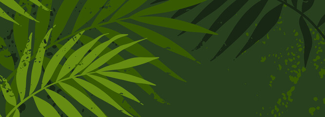 Green banner with plant branches and texture. Tropical background with palm leaves. Editable vector template for wallpaper, wedding, greeting and business cards,  trendy invitations, flyers, sale card