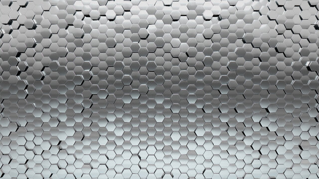 Glossy, Silver Mosaic Tiles arranged in the shape of a wall. 3D, Hexagonal, Bullion stacked to create a Polished block background. 3D Render
