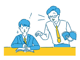 先生に教わって勉強する男子学生