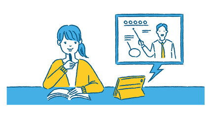 タブレットでオンライン授業を受ける女の子