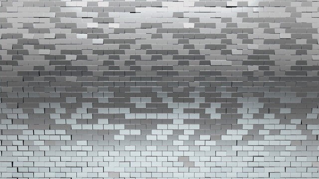 Rectangle, Silver Mosaic Tiles arranged in the shape of a wall. Glossy, Polished, Bullion stacked to create a 3D block background. 3D Render