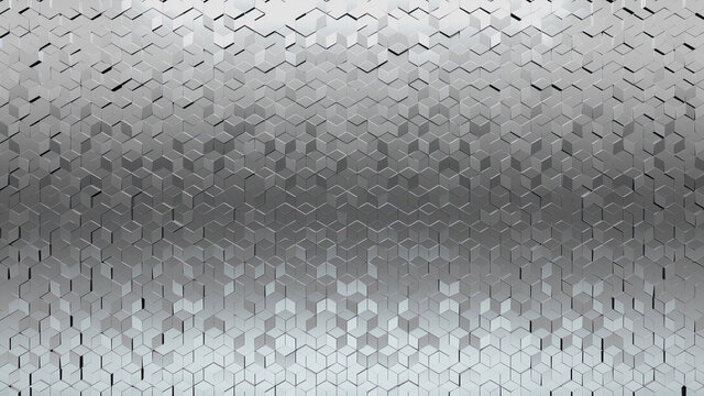 Glossy, 3D Mosaic Tiles arranged in the shape of a wall. Polished, Diamond shaped, Bullion stacked to create a Silver block background. 3D Render