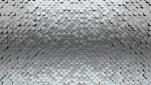 Polished, Glossy Mosaic Tiles arranged in the shape of a wall. 3D, Silver, Bullion stacked to create a Fish Scale block background. 3D Render