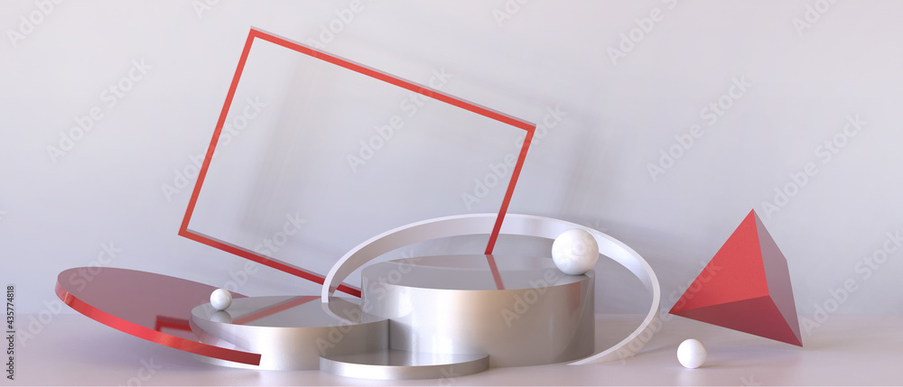 Poster simple podium banner showcase and modern geometric shapes with red concept for composition on wall s