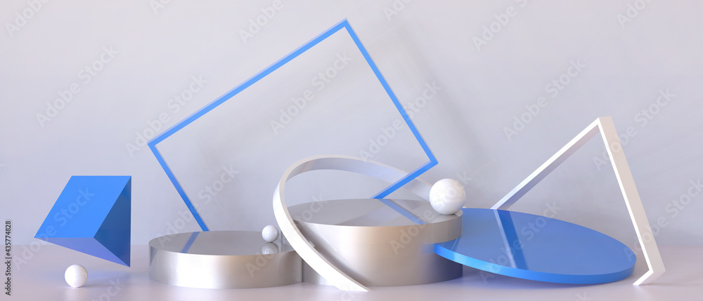 Poster simple podium banner showcase and modern geometric shapes with blue concept for design on wall scene
