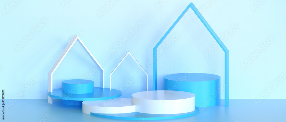 Poster podium banner stage. showcase cylinder geometric shapes with mock up product modern concept on blue 
