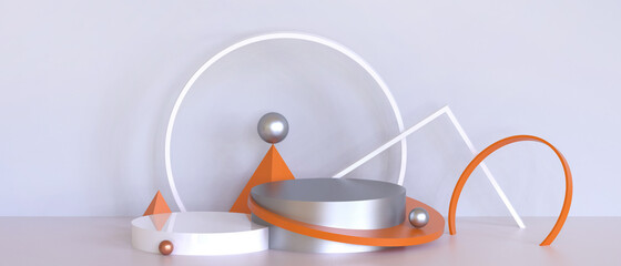Simple Podium banner showcase and Modern Geometric shapes with orange Concept for display on wall scene minimal background- 3d rendering