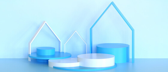 Podium banner stage. showcase Cylinder Geometric shapes  with mock up Product Modern Concept on blue background. copy space - 3d rendering