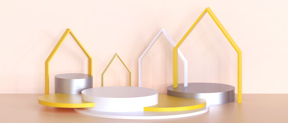 Podium banner stage. showcase Cylinder Geometric shapes with Design for banner Concept on Yellow. copy space - 3d rendering