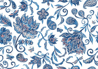 Paisley watercolor floral pattern tile: flowers, flores, tulips, leaves. Oriental indian traditional hand painted water color whimsical seamless print, ceramic design. Abstract india batik background