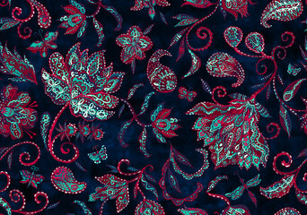 Paisley watercolor floral pattern tile: flowers, flores, tulips, leaves. Oriental indian traditional hand painted water color whimsical seamless print, ceramic design. Abstract india batik background
