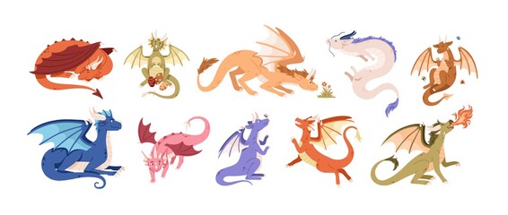 Cute baby dragons set. Happy funny fairytale animals. Flying dinosaurs with wings. Adorable friendly fantasy monsters. Magic creatures. Colored flat vector illustration isolated on white background