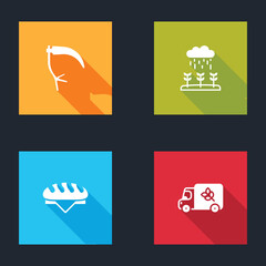 Set Scythe, Plant sprouts grow in rain, Bread loaf and Flour truck icon. Vector