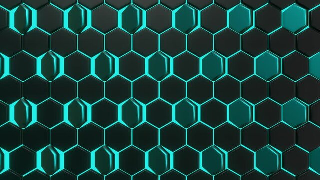 3d rendering of abstract background with black and blue hexagons rotating in a looping motion. Abstract background.