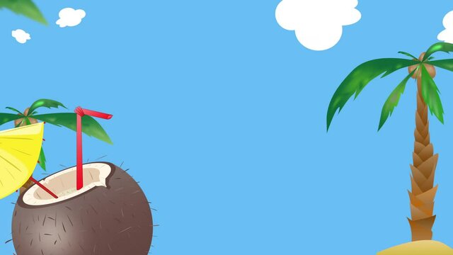 &eacute;t&eacute;, plage, palmier, noix de coco, boisson, rafraichissante, parasol, paille, jus de coco, paradis, paradisiaque, feuille, mer, nature, cadres, illustration, soleil, palme, arbre, oc&eacute;an, plante, tropi