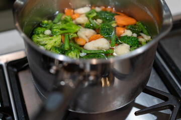 cooking pot with vegetables, vegetables cooking in water in pot on stove top
