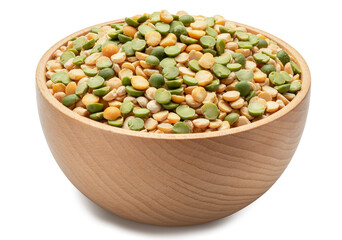 wooden dish with green and yellow peas isolated on white background. The entire image is sharpness.