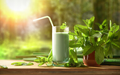 Milk shake with mint on wooden table in forest