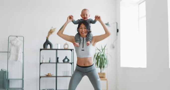 Mom and child do fitness at home during isolation