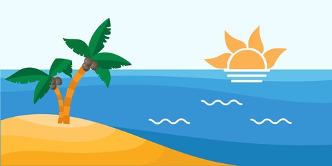 Fototapeta na wymiar Sunrise on the island of palm trees beach holiday concept. Flat style illustration.