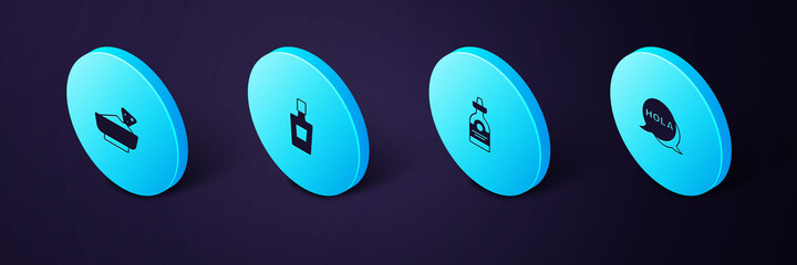 Set Isometric Hola, Tequila bottle, and Nachos in bowl icon. Vector © vector_v