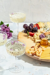 Antipasto platter of various types of soft and hard cheese. spanish manchego cheese, ham, prosciutto, jamon. Dinner or aperitivo party concept. catering banner, menu, recipe