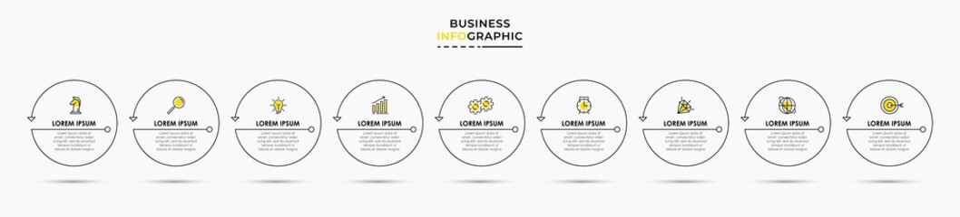 Fototapeta premium Vector Infographic thin line design business template with icons and 9 options or steps. Can be used for process diagram, presentations, workflow layout, banner, flow chart, info graph