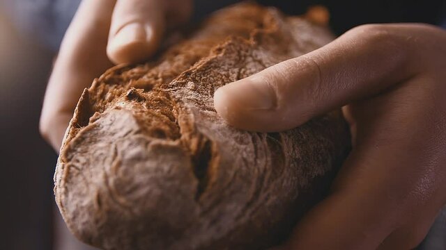 Chef Baker hold fresh handmade craft farm bread and shows it off in a sunny room, close up on hands in slow motion side view